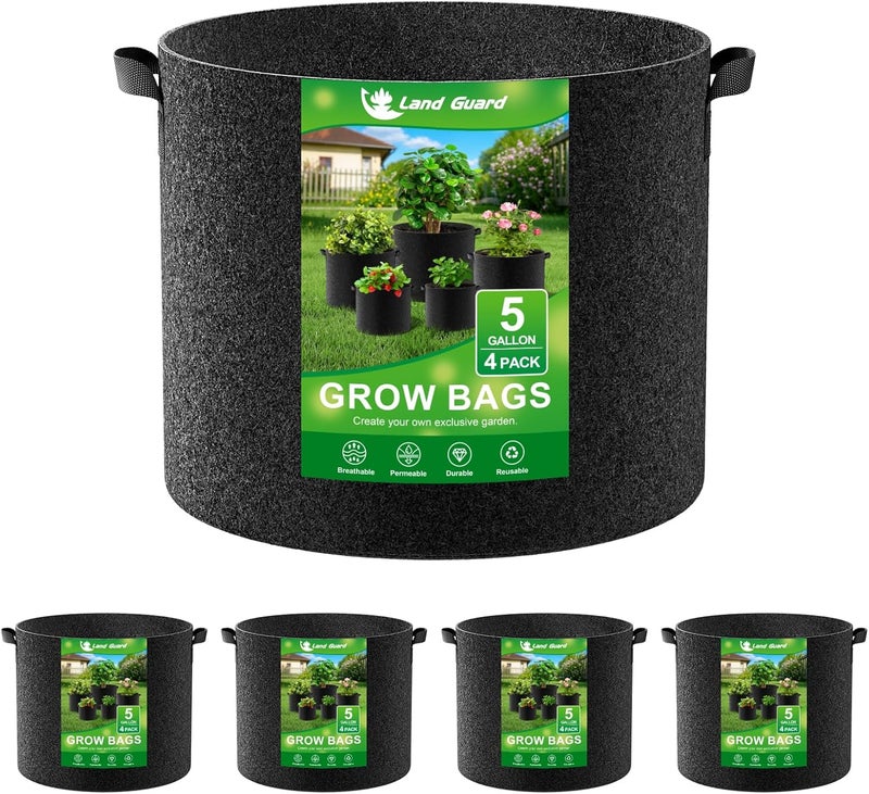 Land Guard Store حقيبة زراعة قماش 4 عبوات سعة 5 جالون، أوعية حديقة غير منسوجة سميكة، حقائب زراعة مع مقبض، سوداء - Image 1